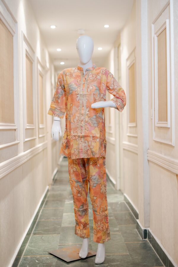 Printed Chinese Collar Co-ord Set with Lace & Foil Work – Orange Floral Se