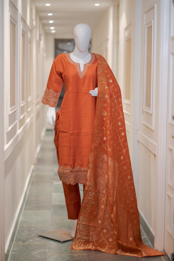 Silk 3 Piece Suit with Cutdana Work & Banarasi Dupatta – Premium Ethnic Wear