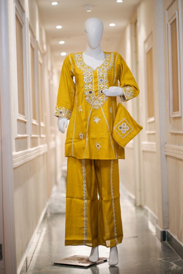 Peplum Style Palazzo Co-ord Set with Mirror Work & Potli – Festive Ethnic Wear