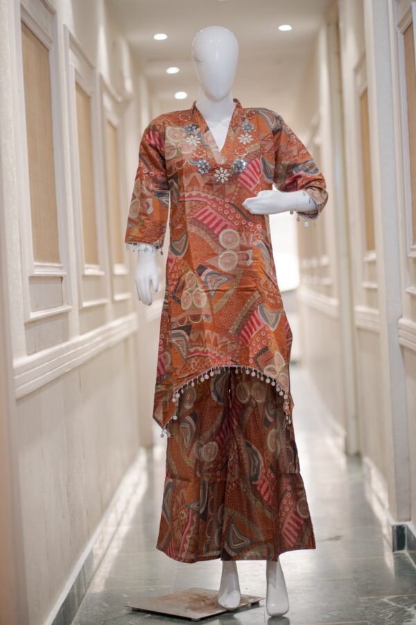 Cotton Silk High-Low Co-Ord Set with V-Neck Embroidery | Designer Kurta Palazzo Set for Women