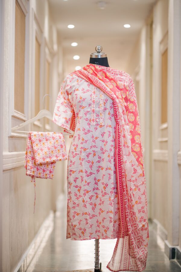Pure Cotton Printed 3 Piece Suit with Samosa Lace | Kurta Pant Dupatta Set for Women