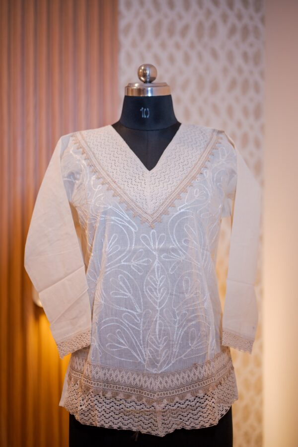 Women White Embroidered Top with Lace Work & Full Sleeves – Elegant Casual Wear