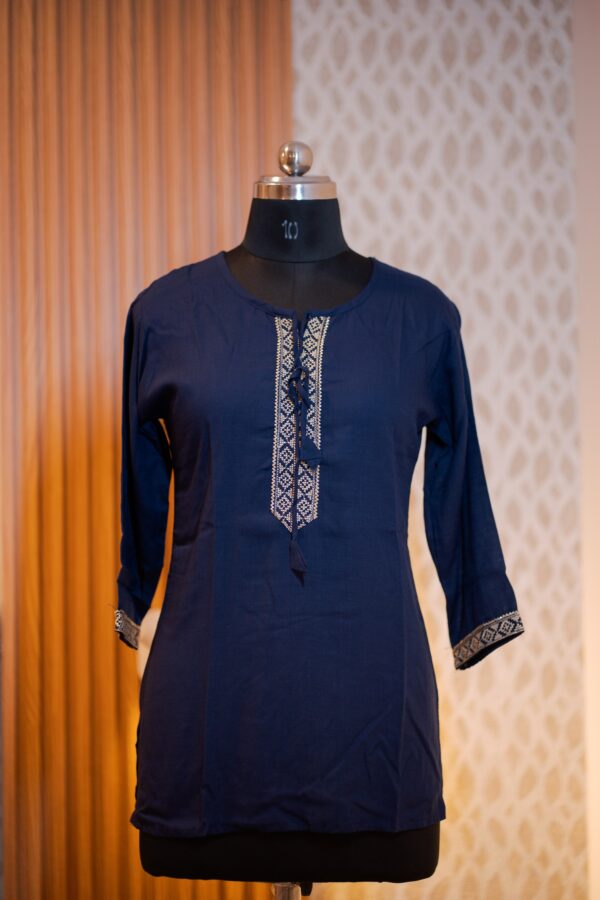Elegant Navy Blue Embroidered Short Kurti for Women (Free Size) – Casual & Daily Wear