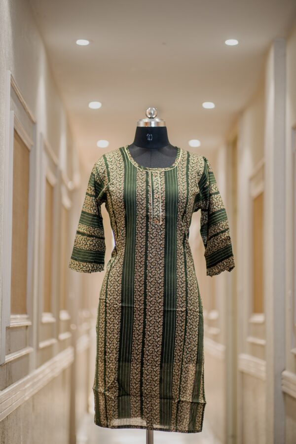 Elegant Green Printed Kurti with Pintuck Neck & Gota Patti Detailing for Women