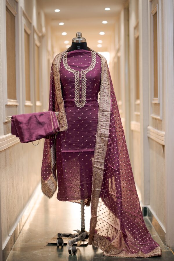 Luxury Pure Banarasi Suit Set with Heavy Embroidery, Pearl & Dabka Work with Silk Bottom & Banarasi Dupatta
