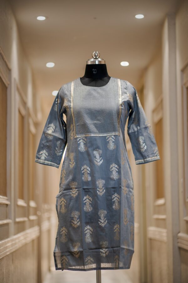 Elegant Grey Handpainted Kurti with Pintuck Neck & Gota Patti Detailing for Women